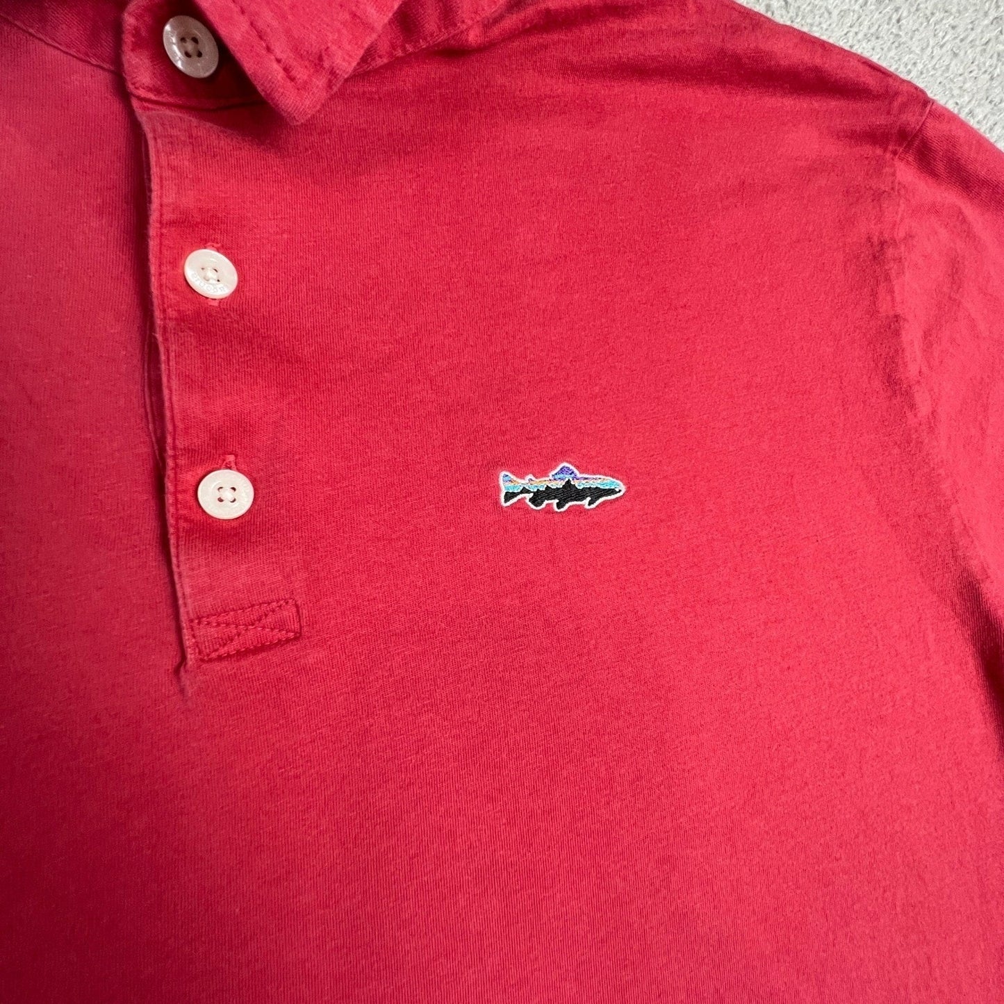 Patagonia Mens Polo Shirt Medium Red Organic Cotton Fitz Roy Trout Logo Casual