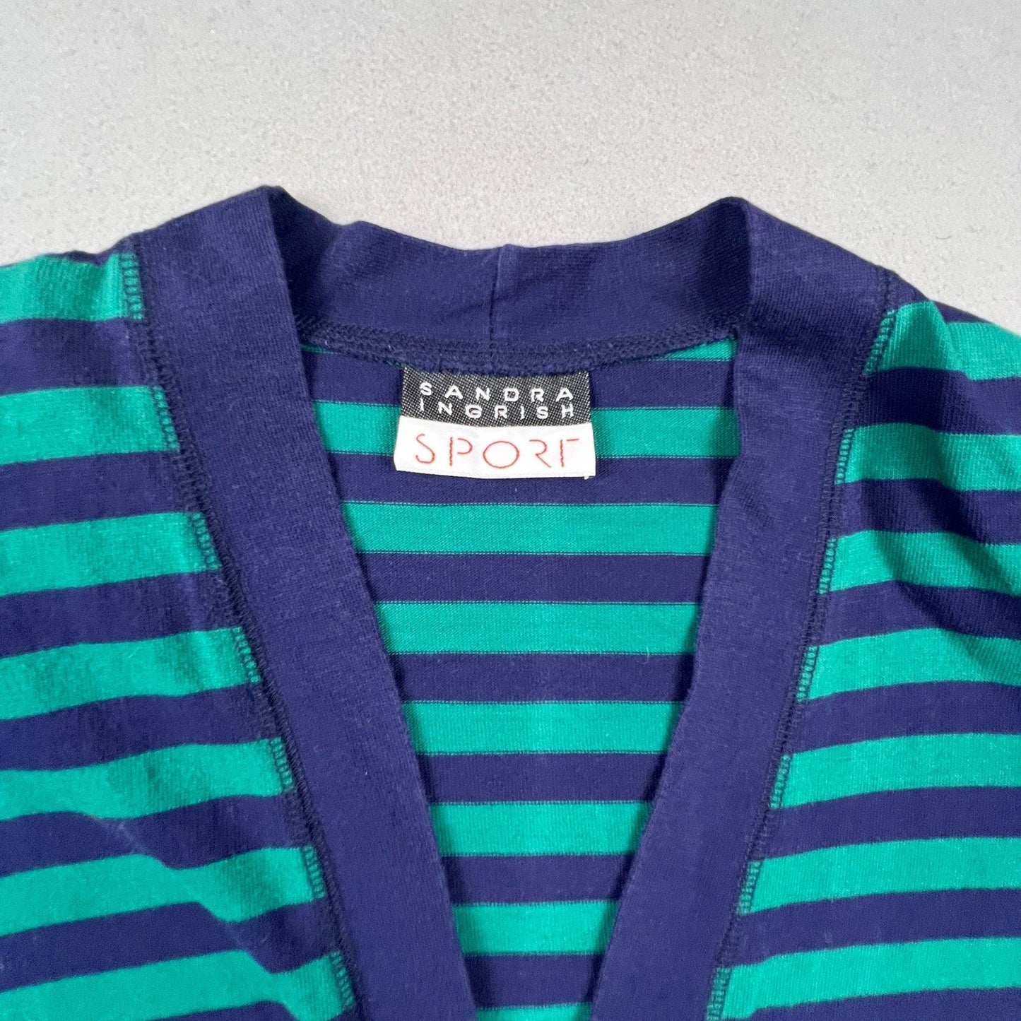 Sandra Ingrish Sport Cardigan Womens L Blue Green Striped Preppy Crest V-Neck