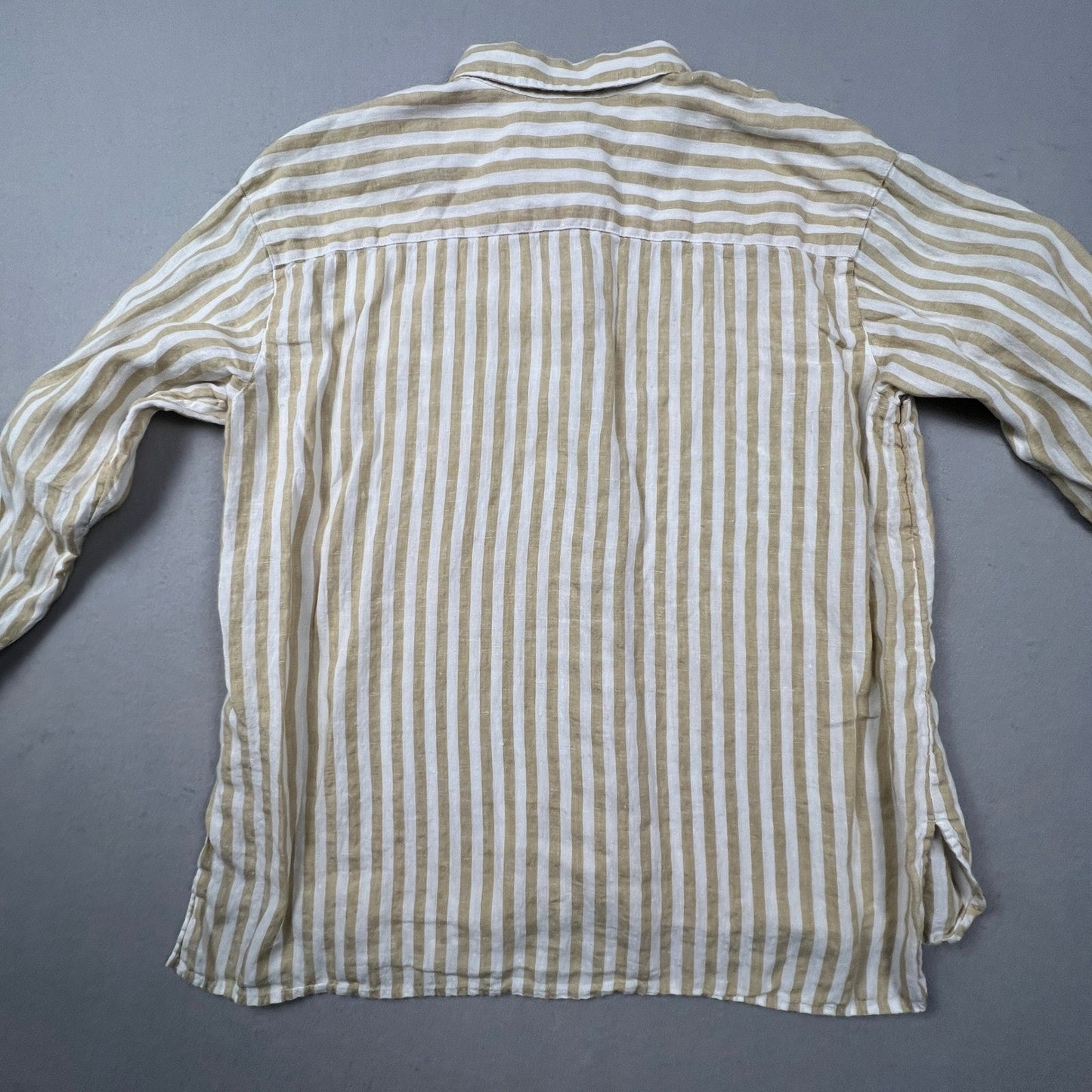 J. Jill Love Linen Button Down Shirt Womens Medium Tan Striped Coastal Classic