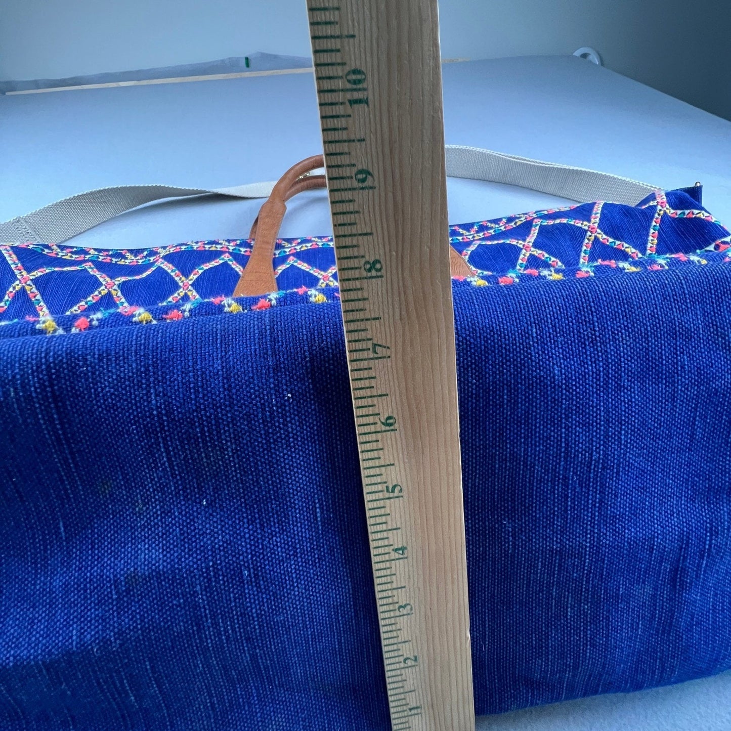 Boho Weekender Travel Bag Large Blue Embroidered Geometric Tote Carry On