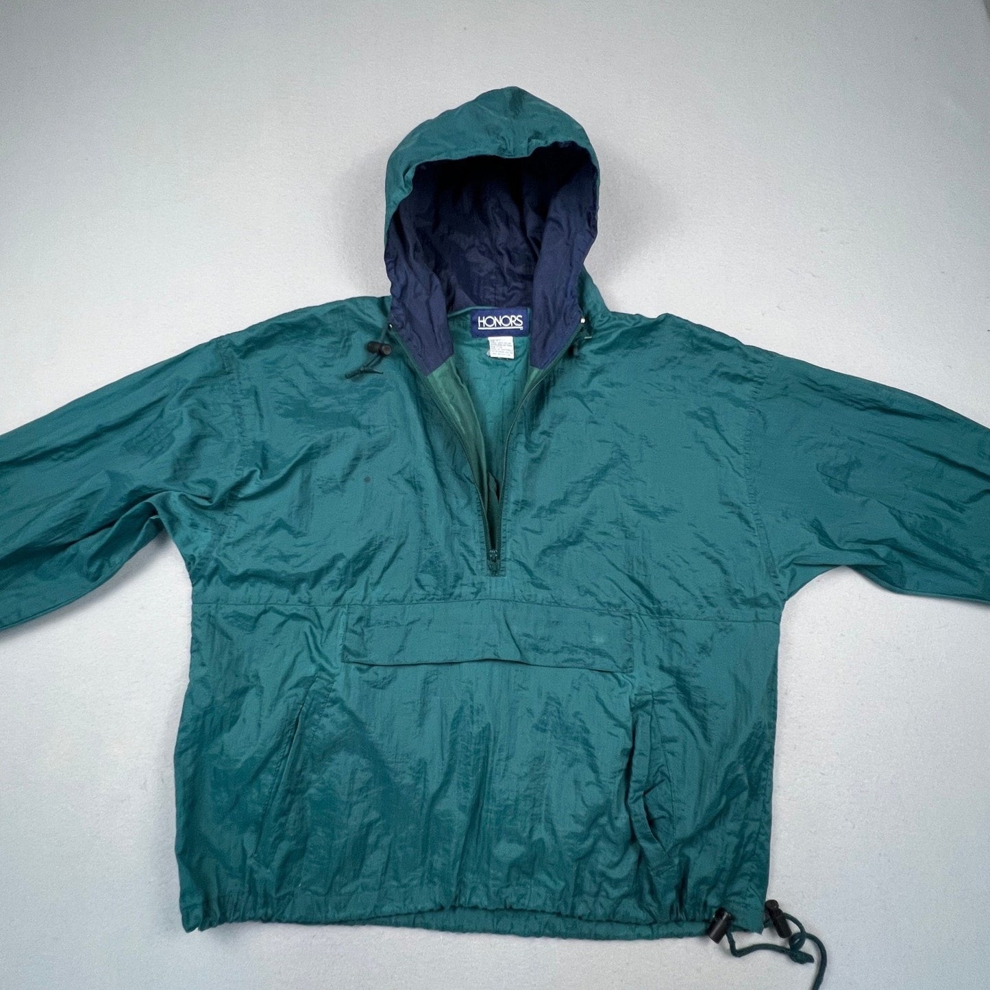 Honors Windbreaker Anorak Mens Large Green Vintage 1/4 Zip Hooded Pouch Pocket