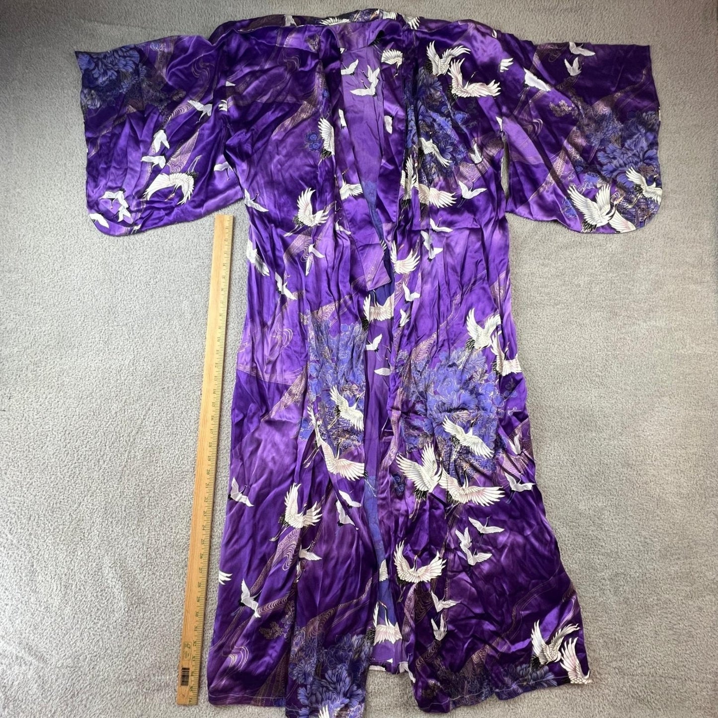Japanese Silk Kimono Robe Purple Crane Floral Print Made in Japan OS Vintage