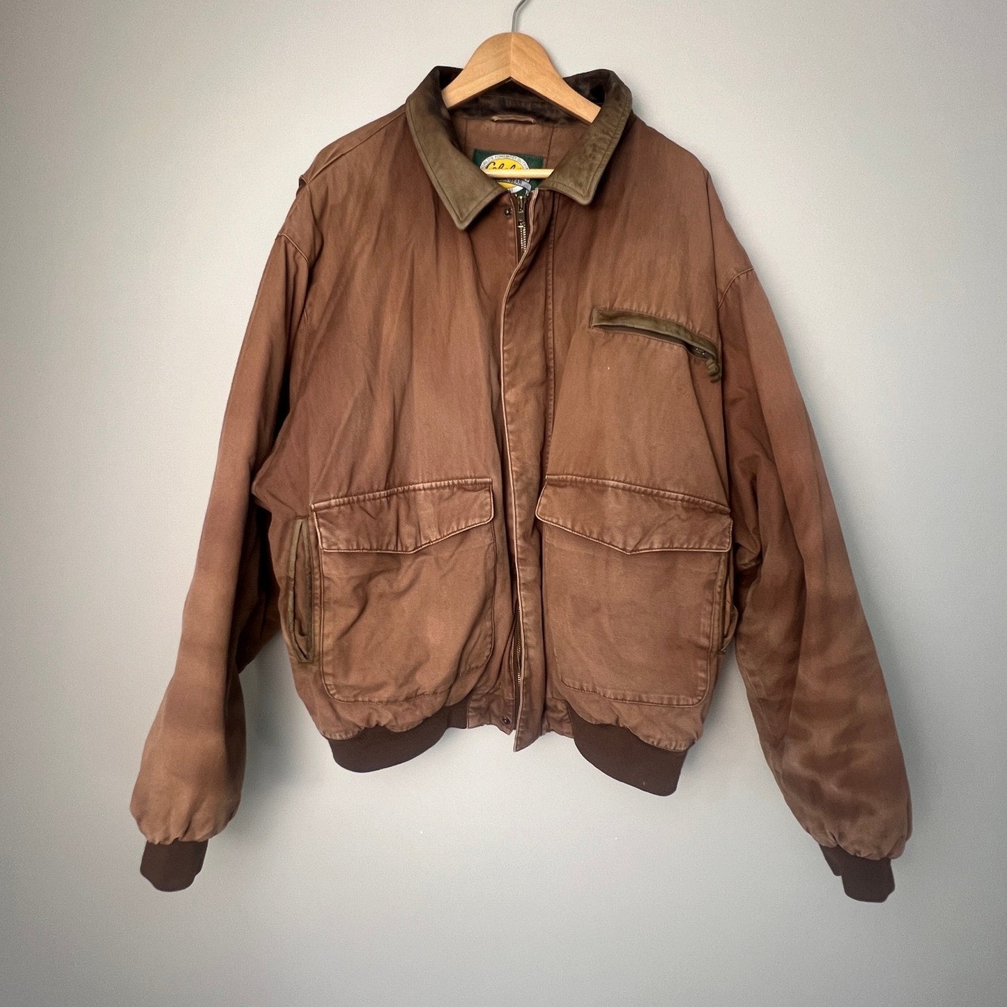 VTG Cabelas Canvas Jacket Mens XL Brown Leather Collar Workwear Outdoor Coat Job