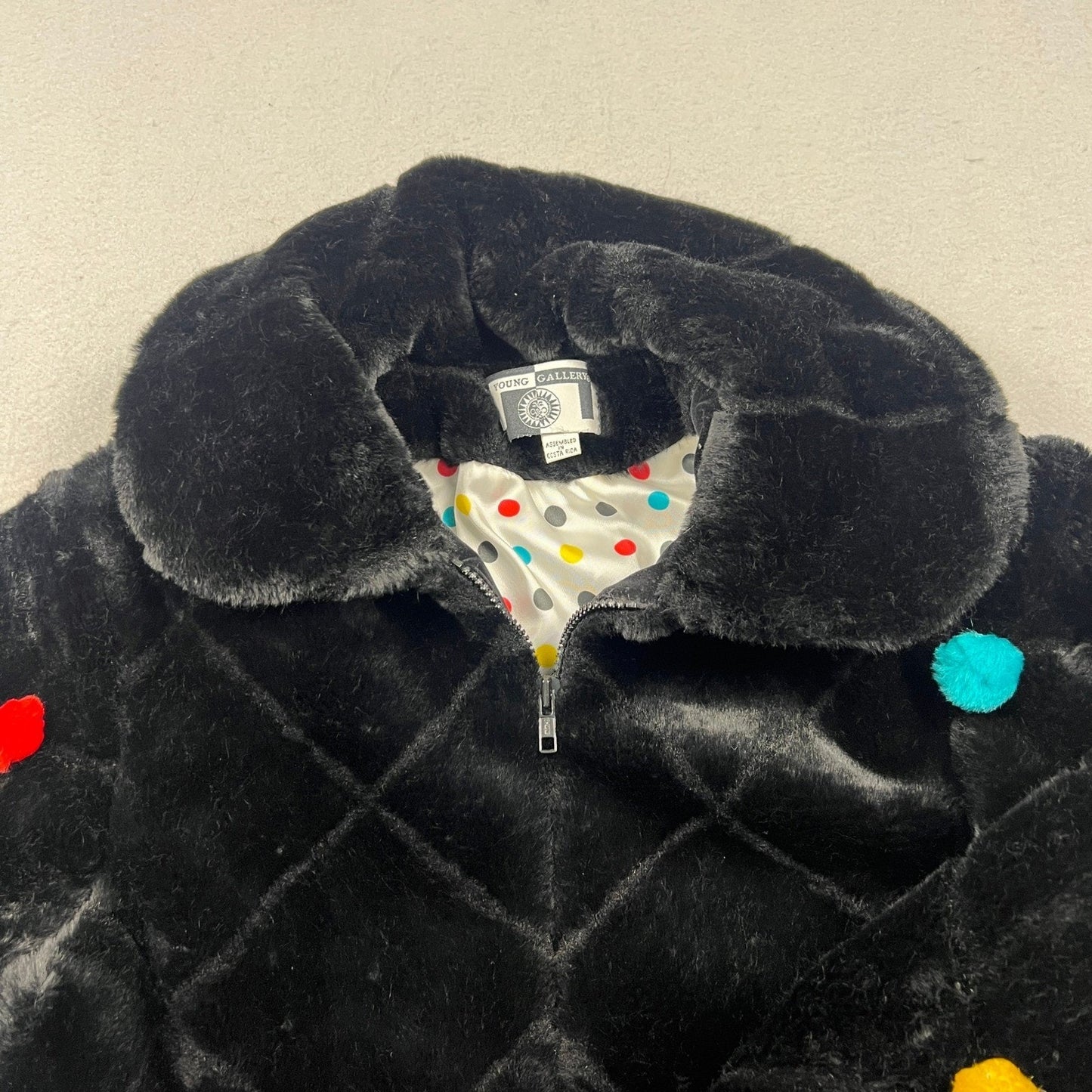 VTG 90s Young Gallery Faux Fur Jacket OS Black Pom Pom Polka Dot Lined Quilted