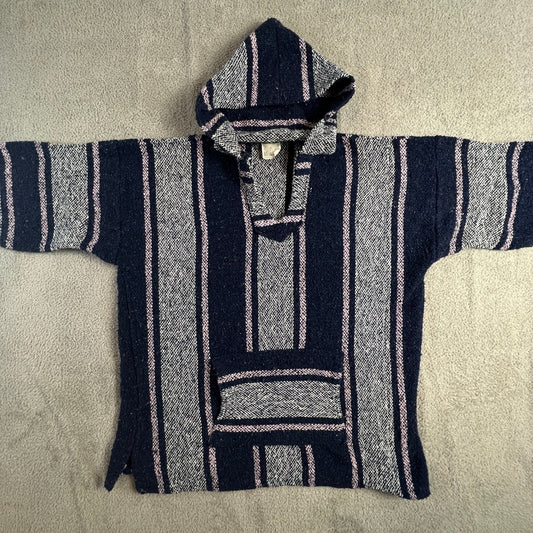 Senor Lopez Mexican Baja Hoodie Navy Blue Pink Striped Rug Pullover Large