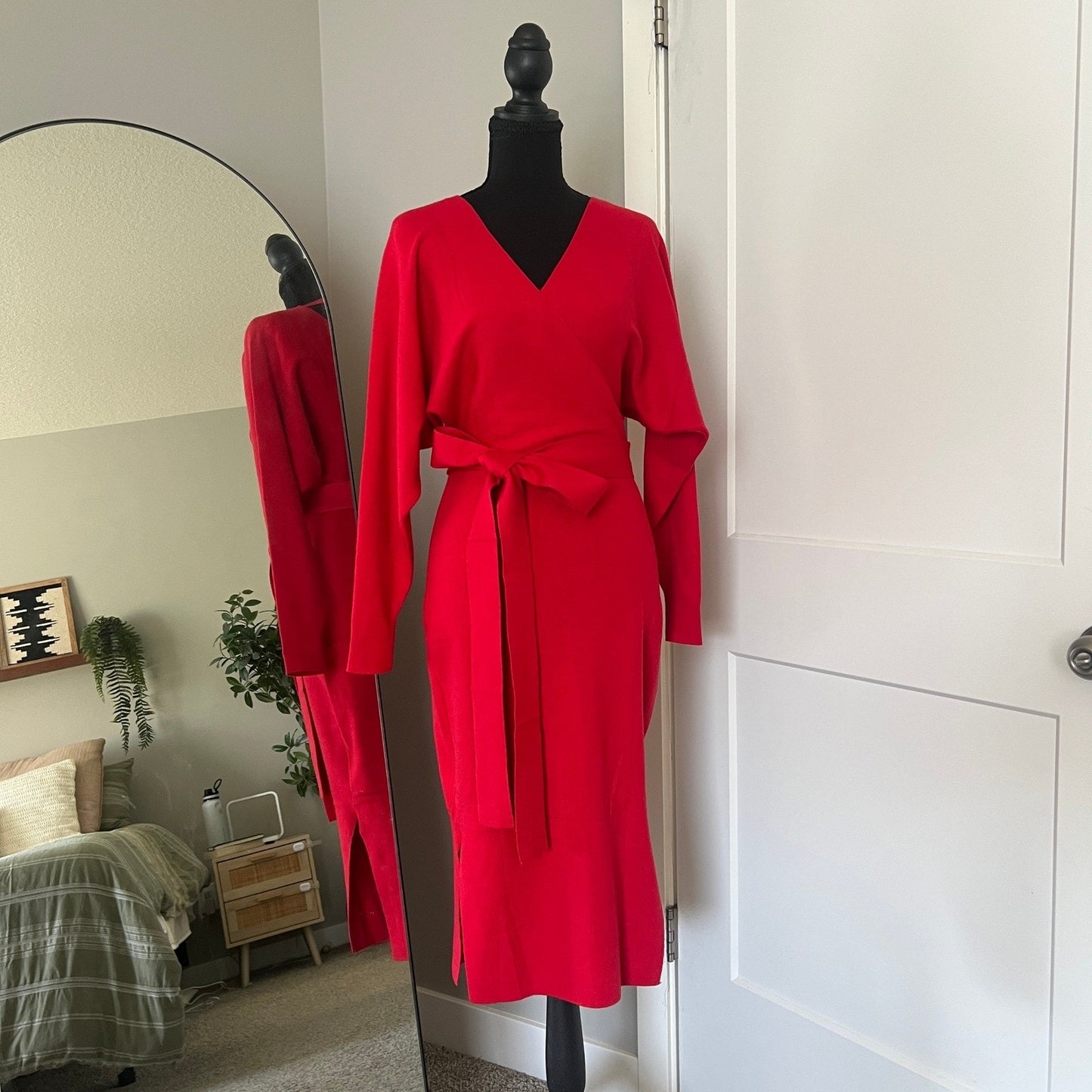 Knit Wrap Midi Dress Women M Red Tie Waist Long Sleeve Cocktail Dress Datenight