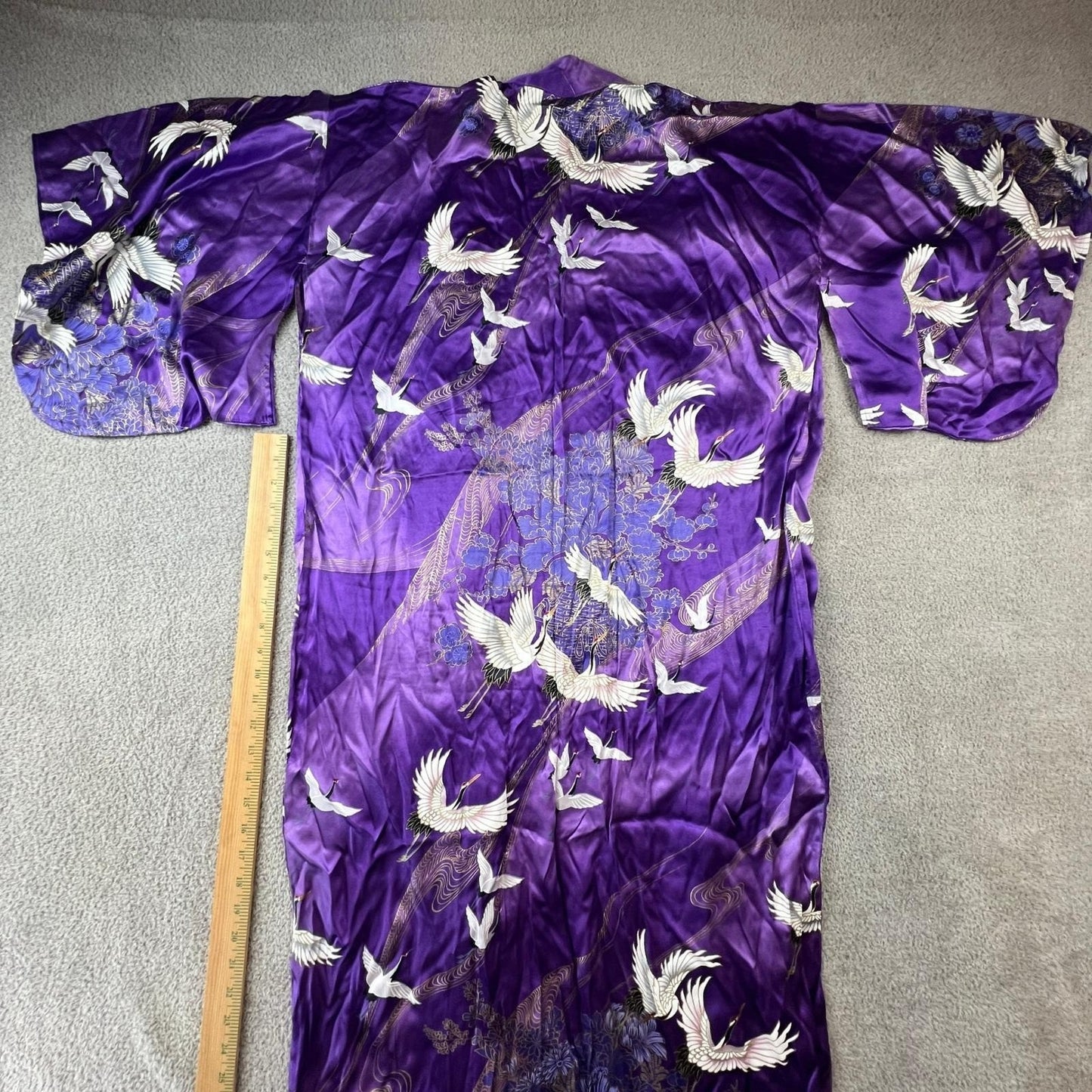 Japanese Silk Kimono Robe Purple Crane Floral Print Made in Japan OS Vintage