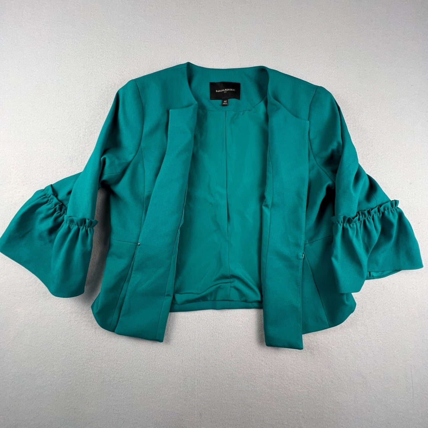 Banana Republic Bell Sleeve Jacket Womens 12P Teal Ruffle Cropped Professional