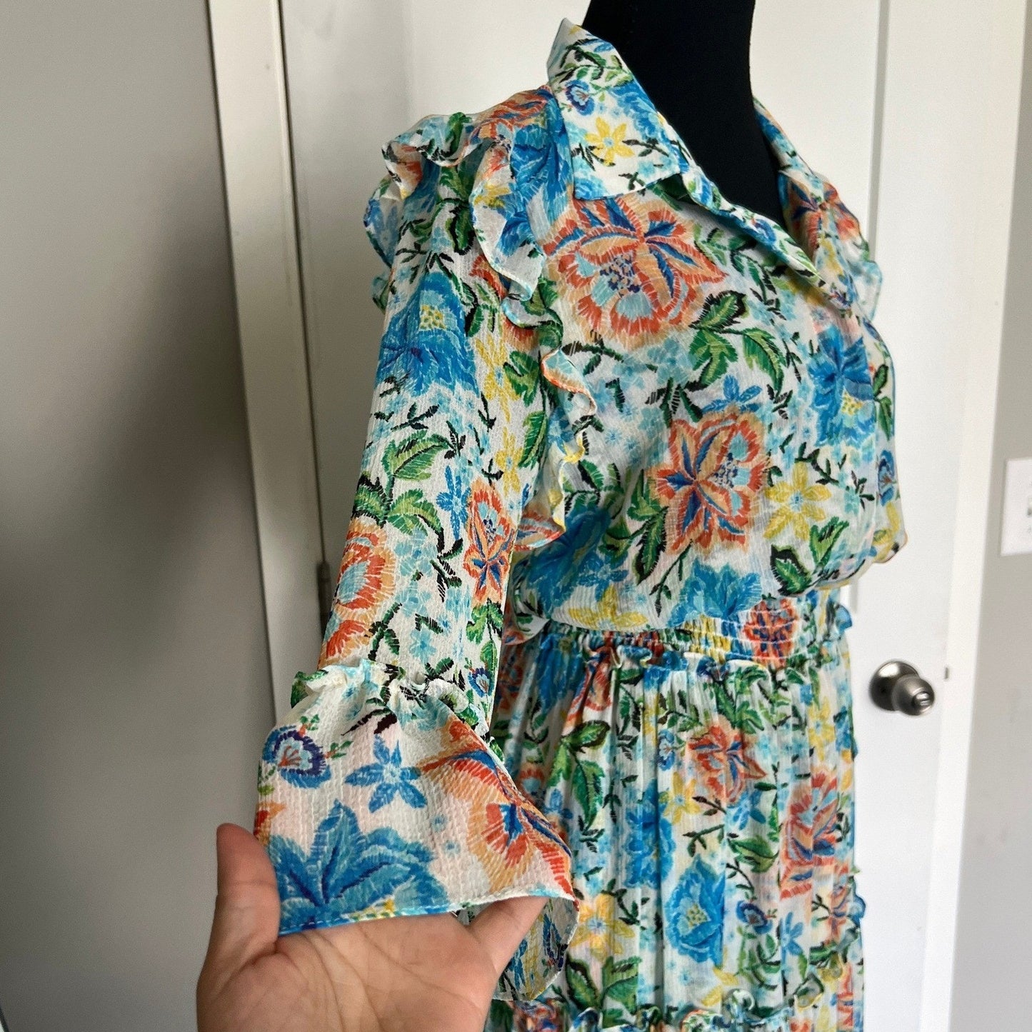 MISA Los Angeles Maxi Dress Womens S Blue Orange Floral Tiered Smocked Boho Luxe