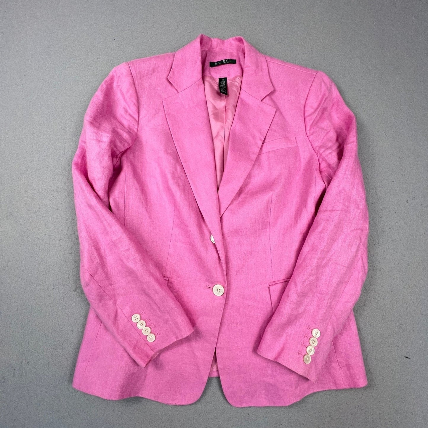 Lauren Ralph Lauren Blazer Women 12 Pink 100% Linen 2Button Career Jacket Office