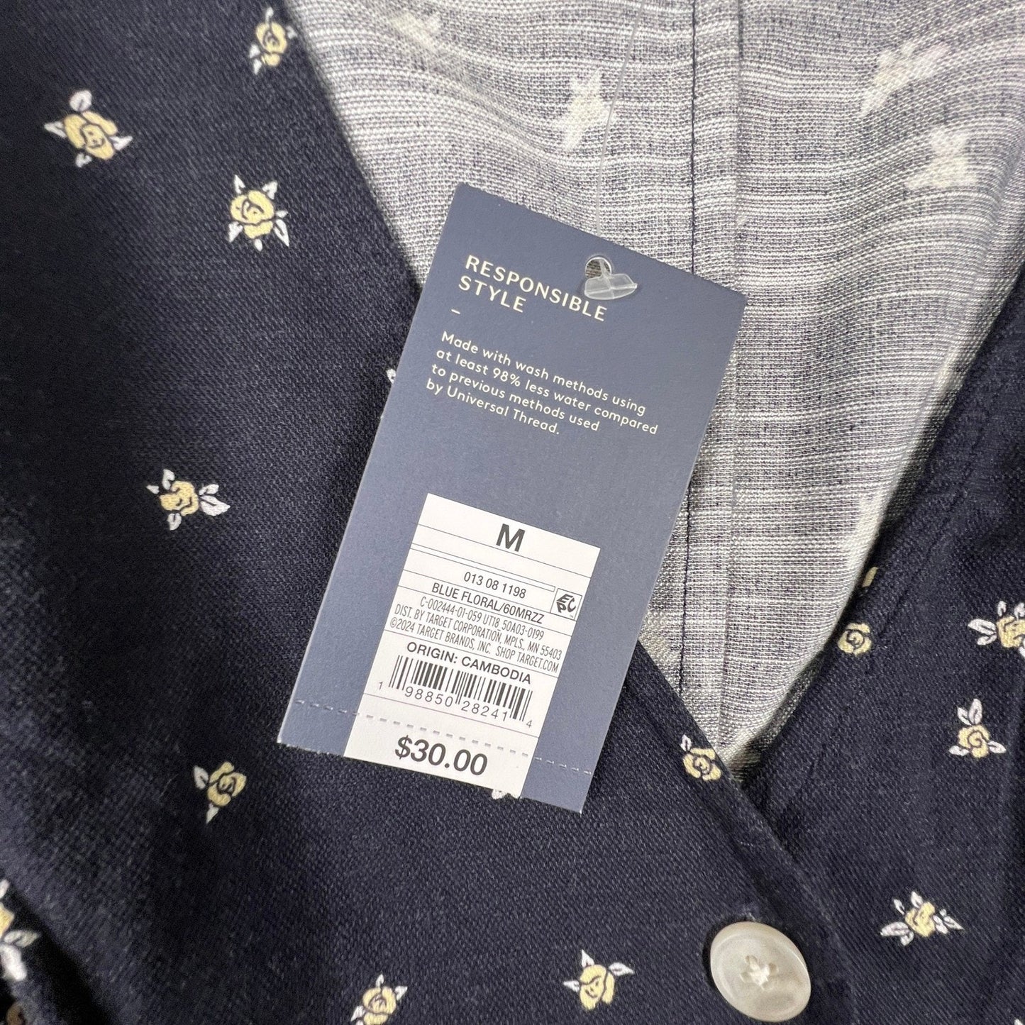 Floral Mini Dress Womens Medium Navy Blue Button Front Casual Universal Thread