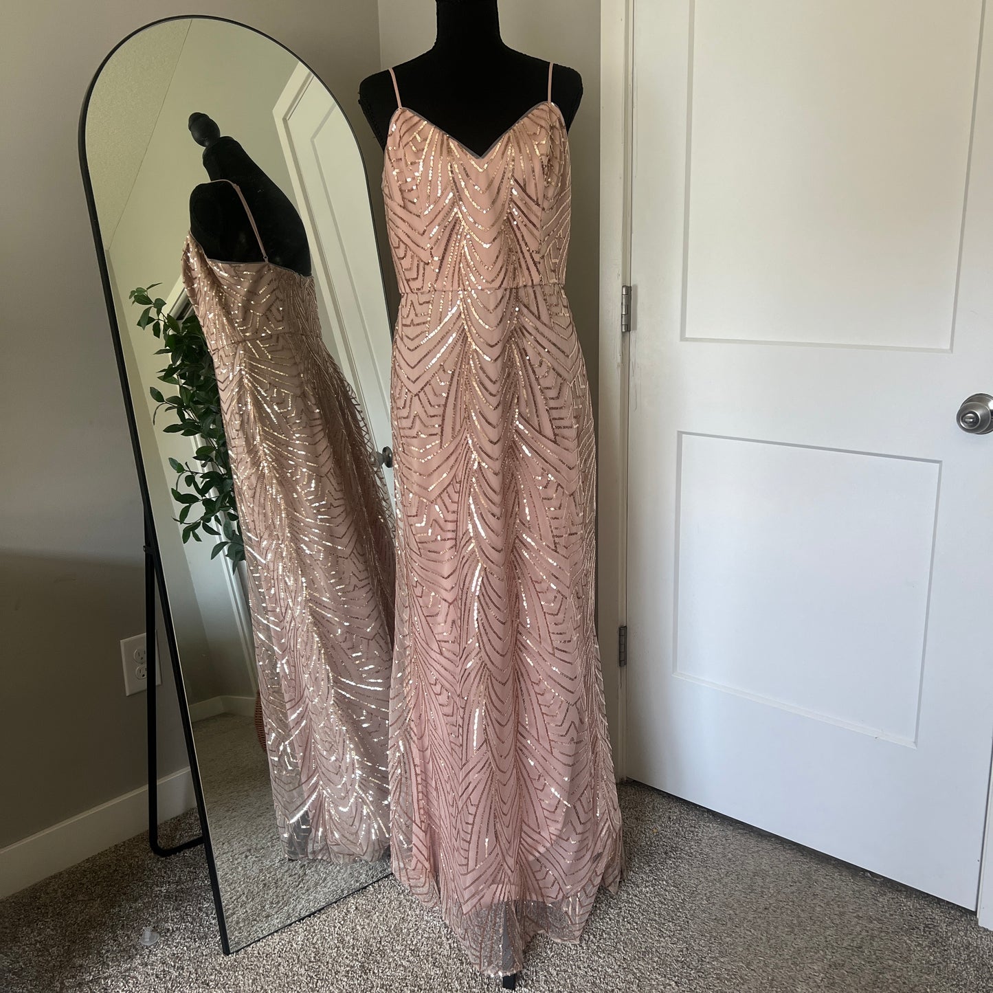 Sequin Maxi Dress Womens 10 Rose Gold Art Deco Formal Prom Gown Wedding Bridal