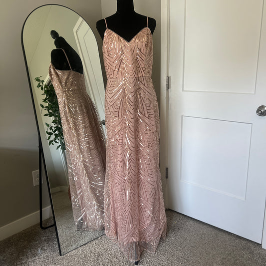 Sequin Maxi Dress Womens 10 Rose Gold Art Deco Formal Prom Gown Wedding Bridal