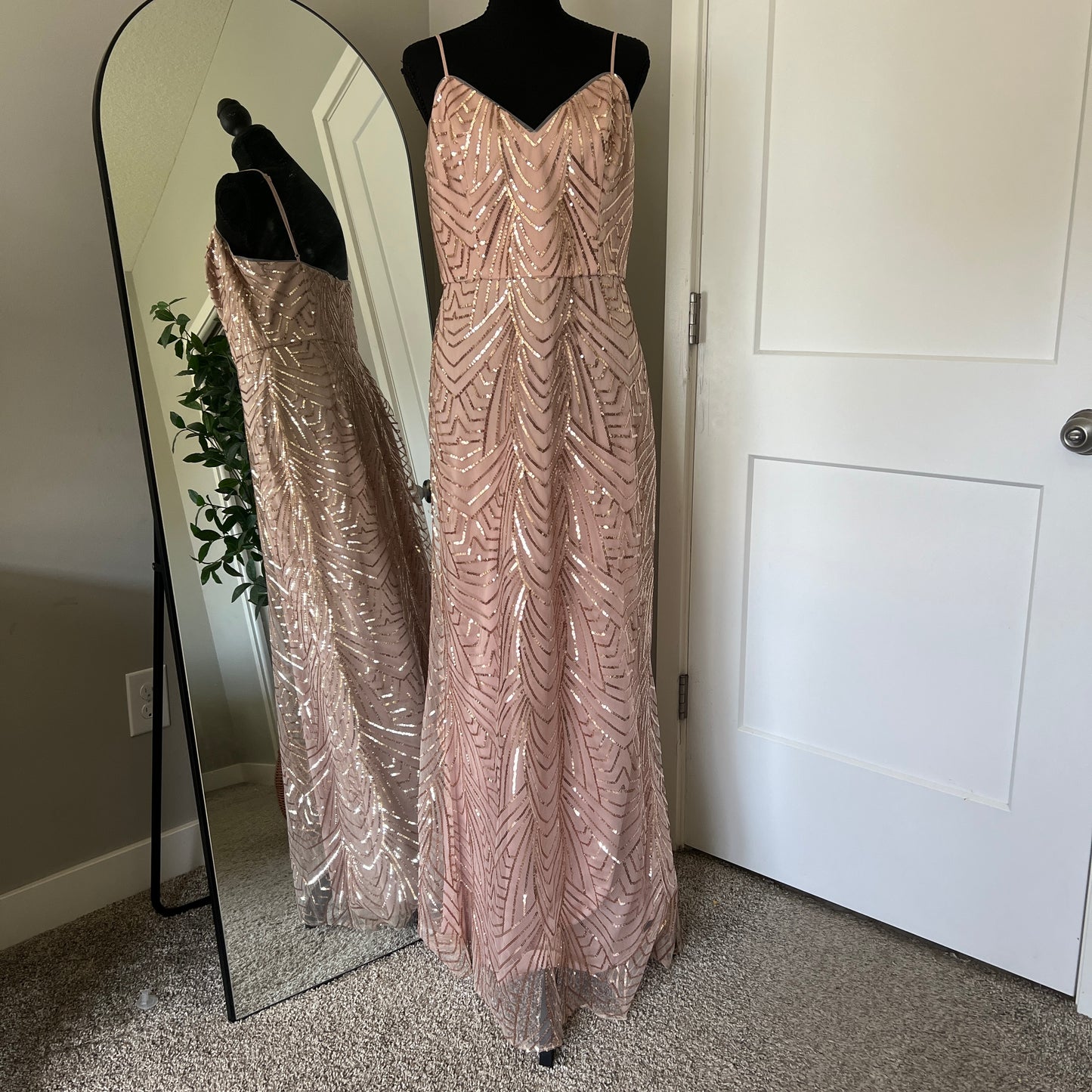 Sequin Maxi Dress Womens 10 Rose Gold Art Deco Formal Prom Gown Wedding Bridal