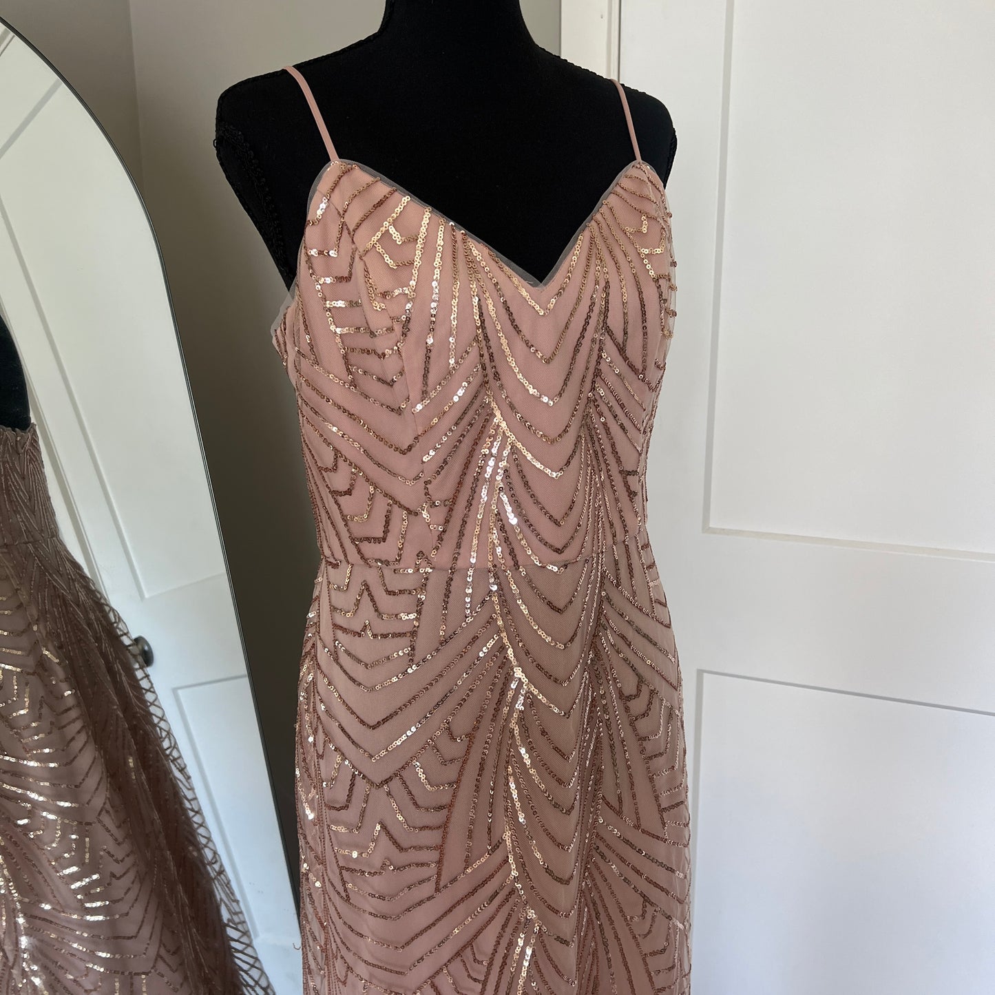 Sequin Maxi Dress Womens 10 Rose Gold Art Deco Formal Prom Gown Wedding Bridal