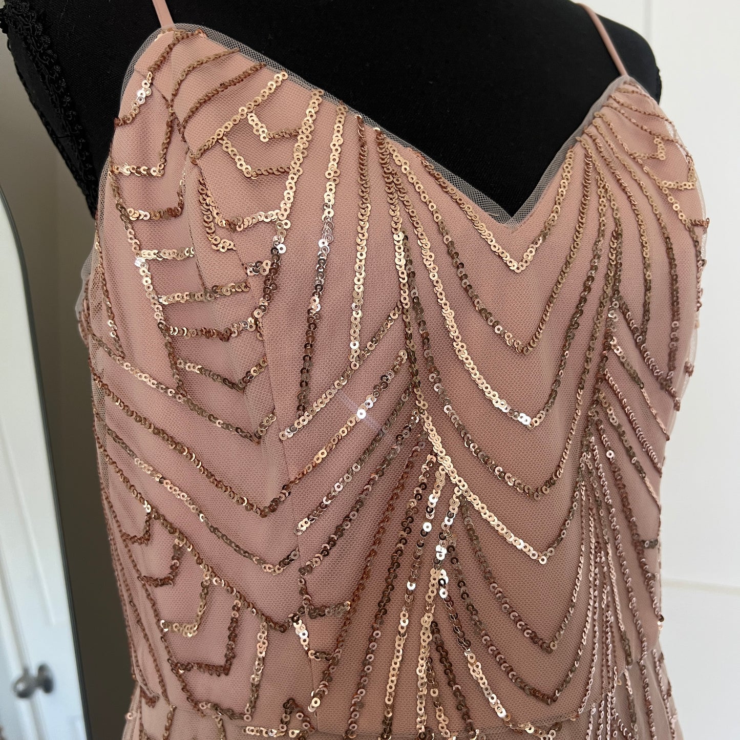 Sequin Maxi Dress Womens 10 Rose Gold Art Deco Formal Prom Gown Wedding Bridal
