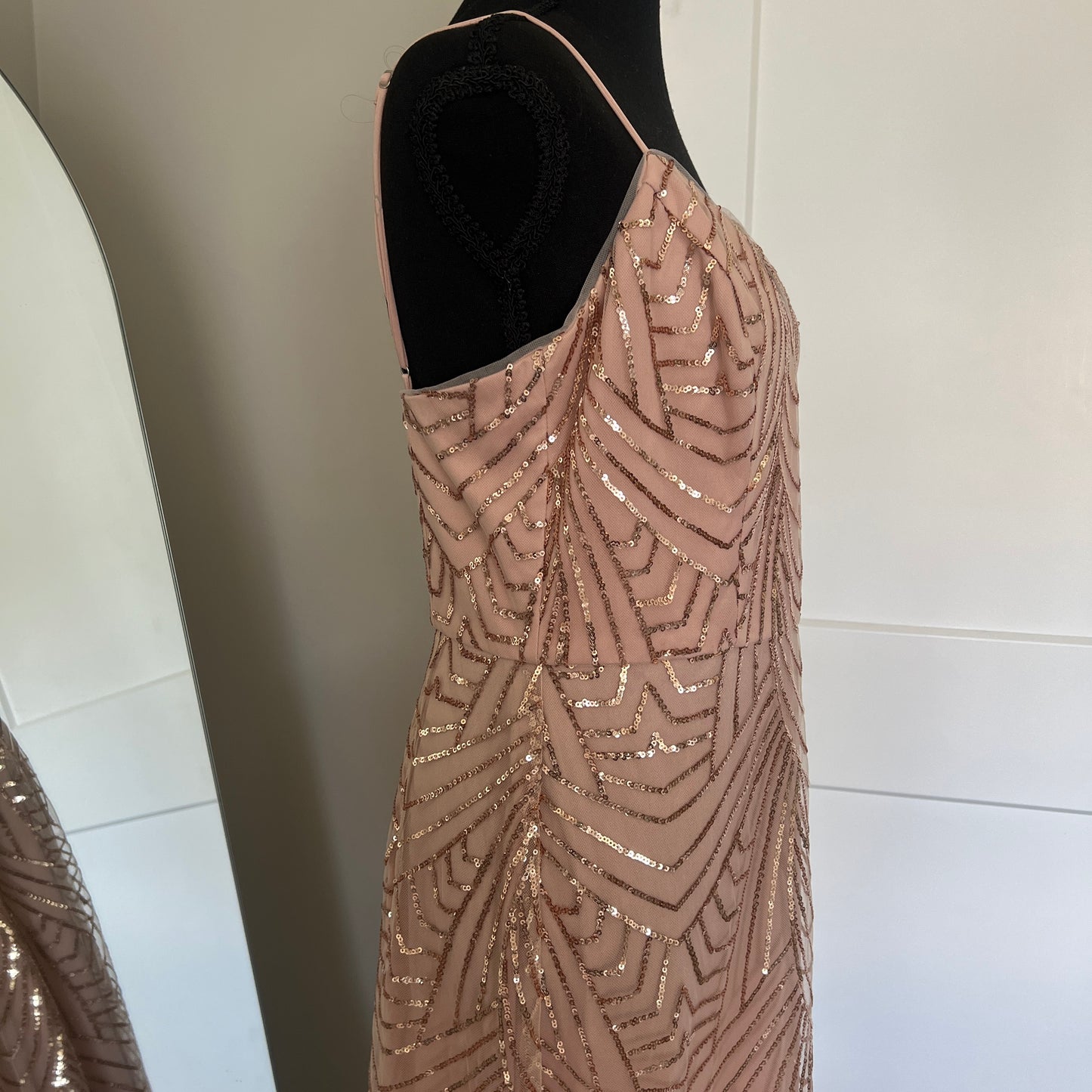 Sequin Maxi Dress Womens 10 Rose Gold Art Deco Formal Prom Gown Wedding Bridal