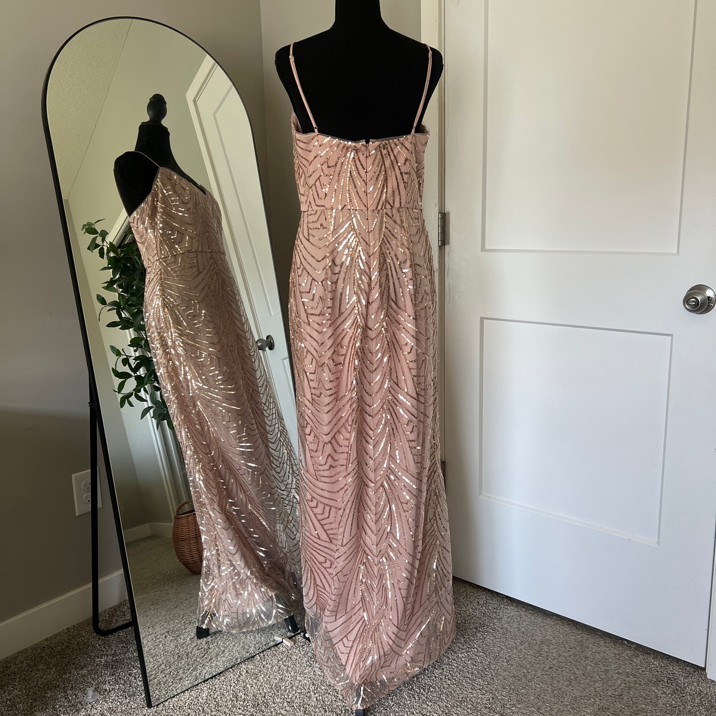 Sequin Maxi Dress Womens 10 Rose Gold Art Deco Formal Prom Gown Wedding Bridal