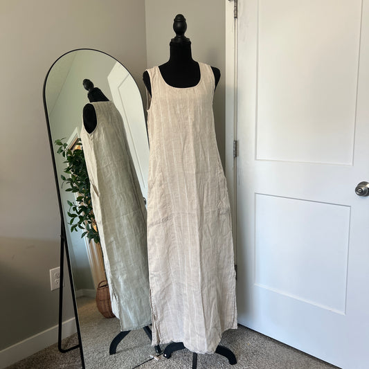 Garnet Hill Maxi Dress Womens 6 Beige Linen Striped Sleeveless Pockets Lagenlook