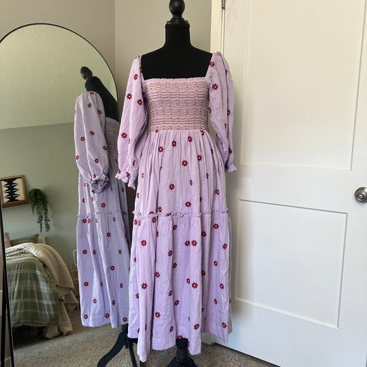 Cottagecore Boho Midi Dress Small Purple Floral Smocked Cotton Shy Velvet