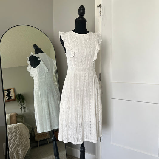White Eyelet Cotton Midi Dress Womens Small Ruffle Sleeve Cottagecore Ecowish