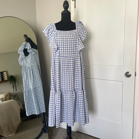 Gingham Tiered Midi Dress Womens Medium Blue White Ruffle Summer Cottagecore