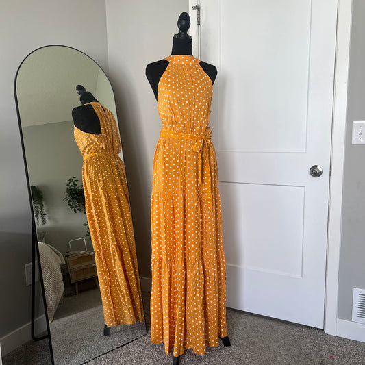 Polka Dot Maxi Dress Womens Mustard Yellow Halter Tiered Cottagecore Prairie