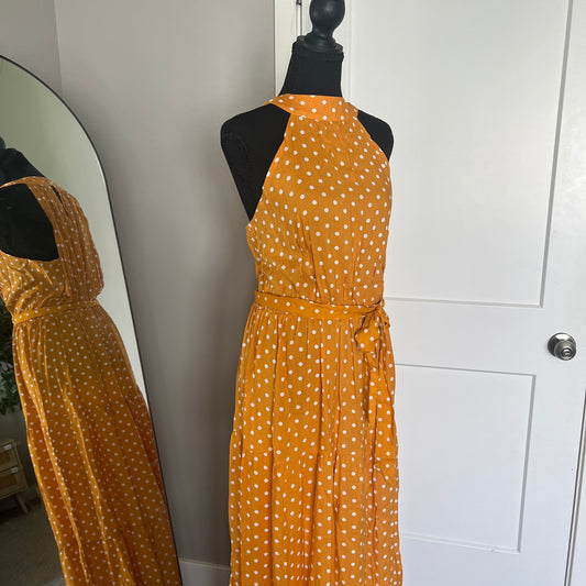 Polka Dot Maxi Dress Womens Mustard Yellow Halter Tiered Cottagecore Prairie