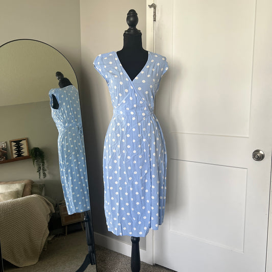 J.Crew Faux Wrap Dress Womens XSP Blue Polka Dot Midi Summer Casual Coquette
