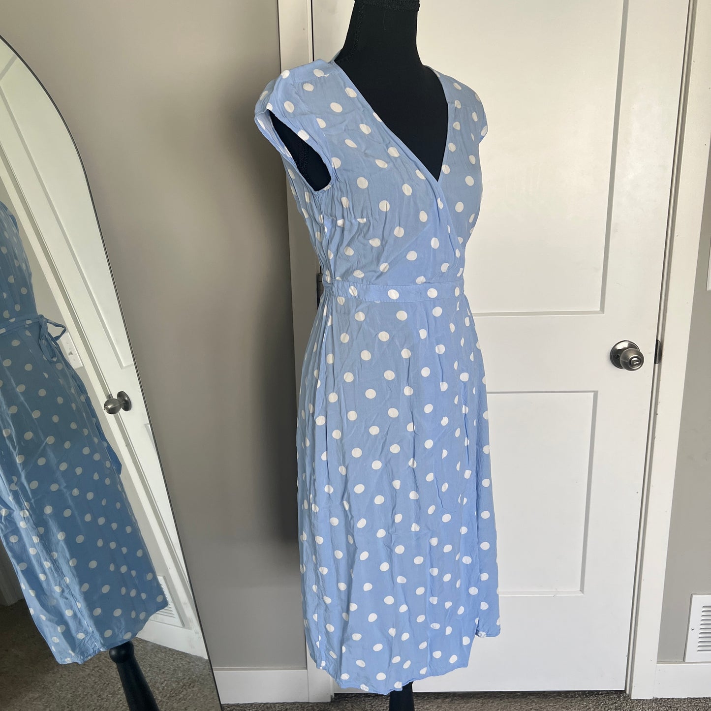 J.Crew Faux Wrap Dress Womens XSP Blue Polka Dot Midi Summer Casual Coquette