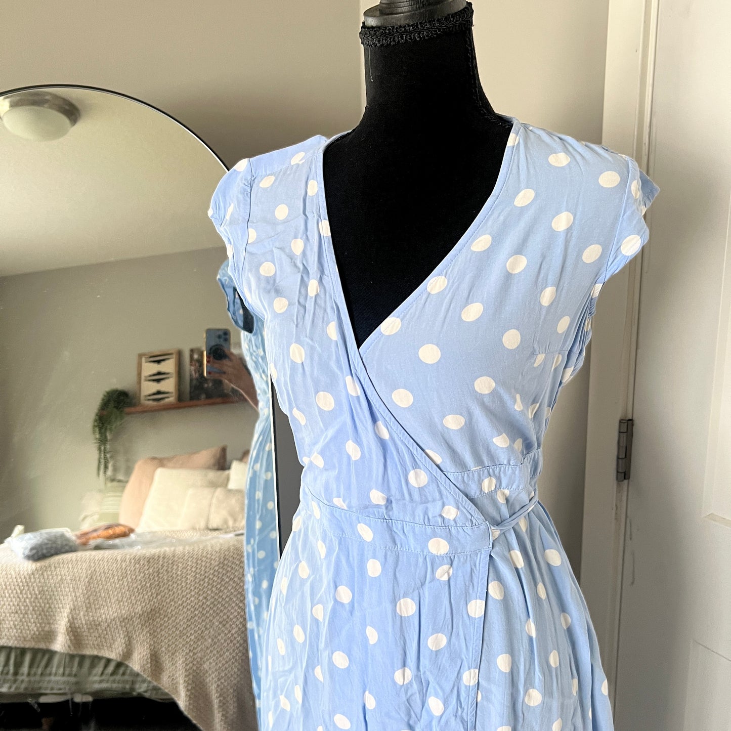 J.Crew Faux Wrap Dress Womens XSP Blue Polka Dot Midi Summer Casual Coquette