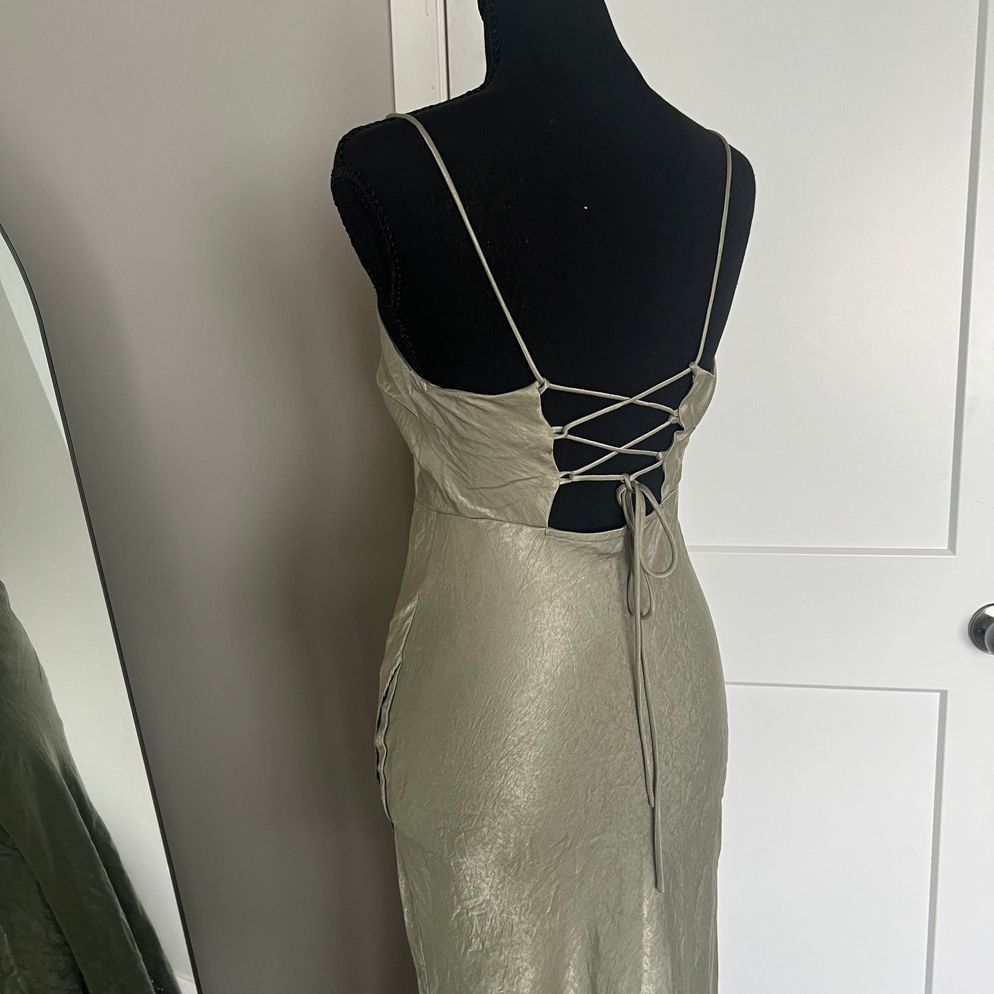 Hello Molly Satin Maxi Dress XS Sage Green Formal Cocktail Wedding Bridal