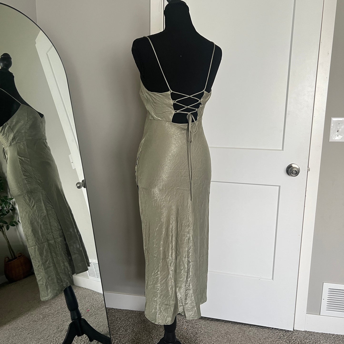 Hello Molly Satin Maxi Dress XS Sage Green Formal Cocktail Wedding Bridal