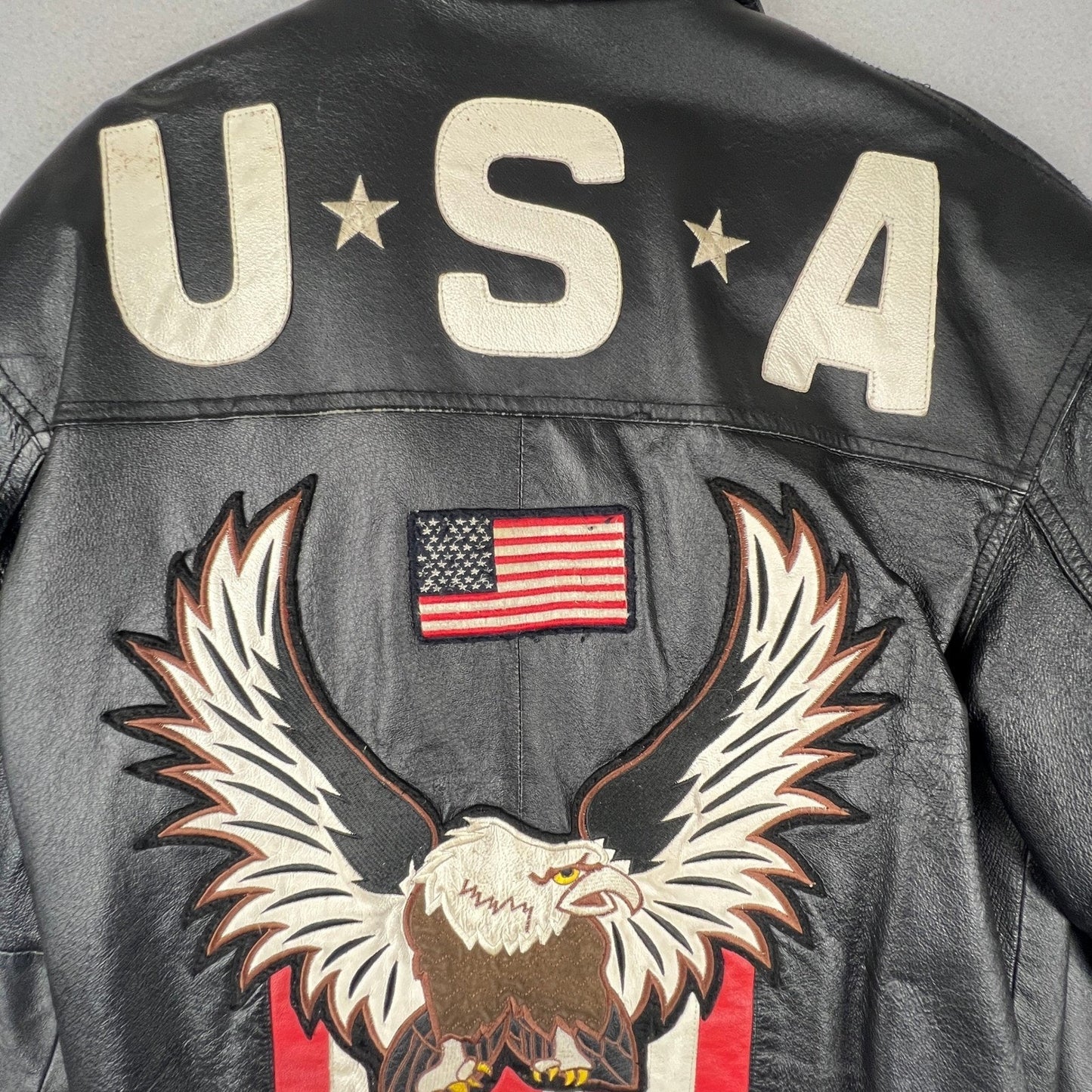 Leather Bomber Jacket Mens L Black USA Eagle Patriotic Biker Vintage Rocker