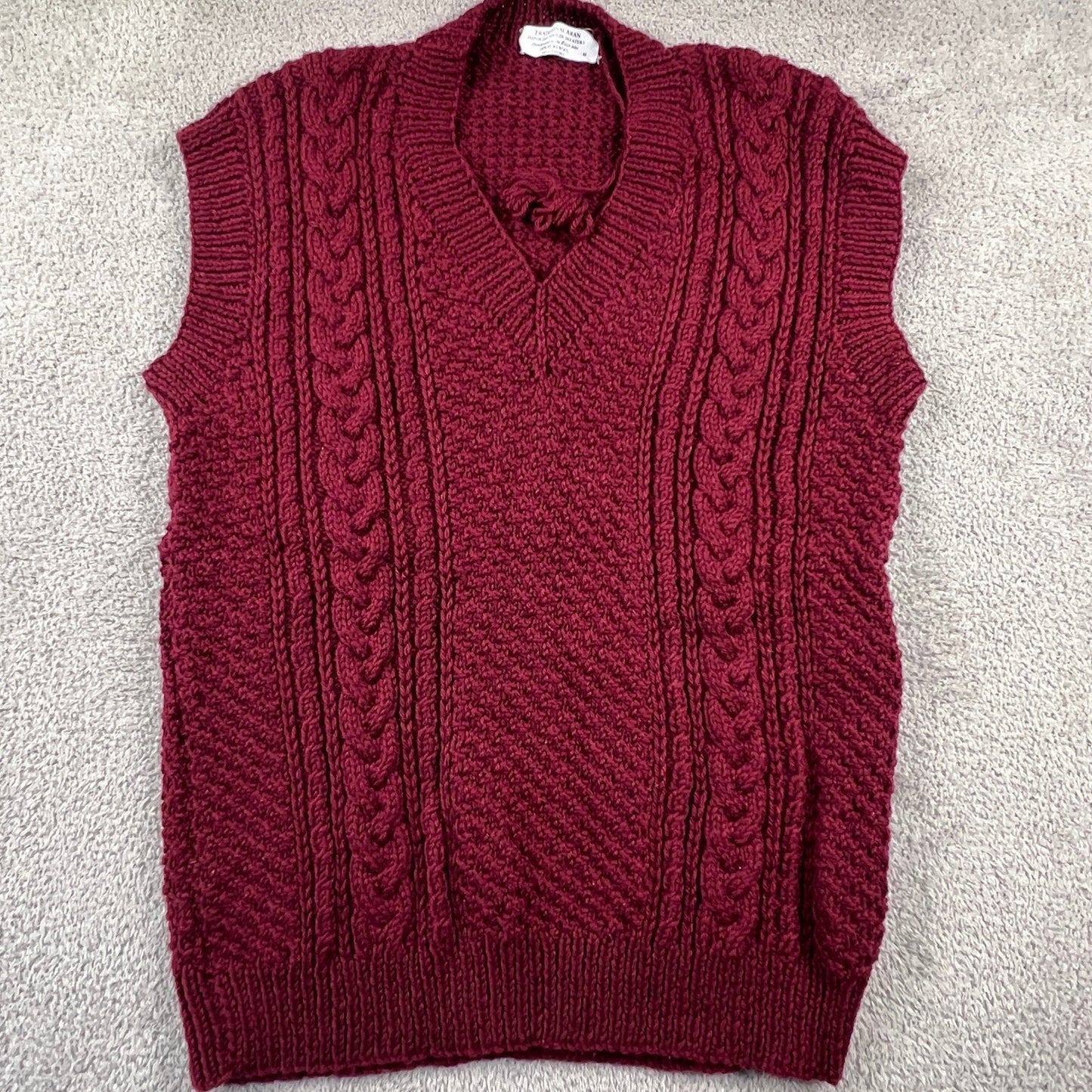 Vintage Aran Handknitted Wool Sweater Vest Women's M Burgundy V-Neck Cable Knit