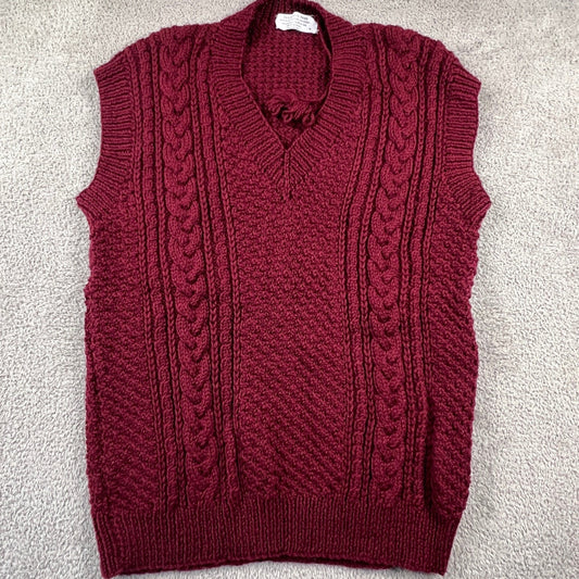 Vintage Aran Handknitted Wool Sweater Vest Women's M Burgundy V-Neck Cable Knit
