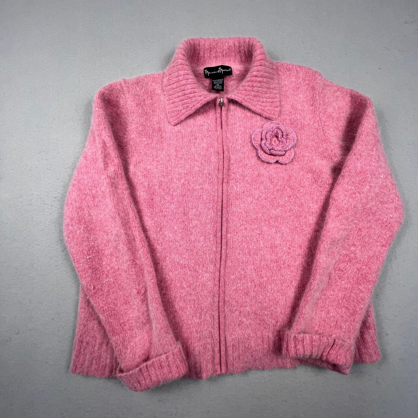 VTG Mercer & Madison Zip Sweater XL Pink Angora Wool Beaded Flower Coquette Y2K