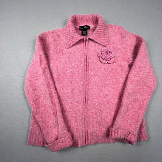 VTG Mercer & Madison Zip Sweater XL Pink Angora Wool Beaded Flower Coquette Y2K