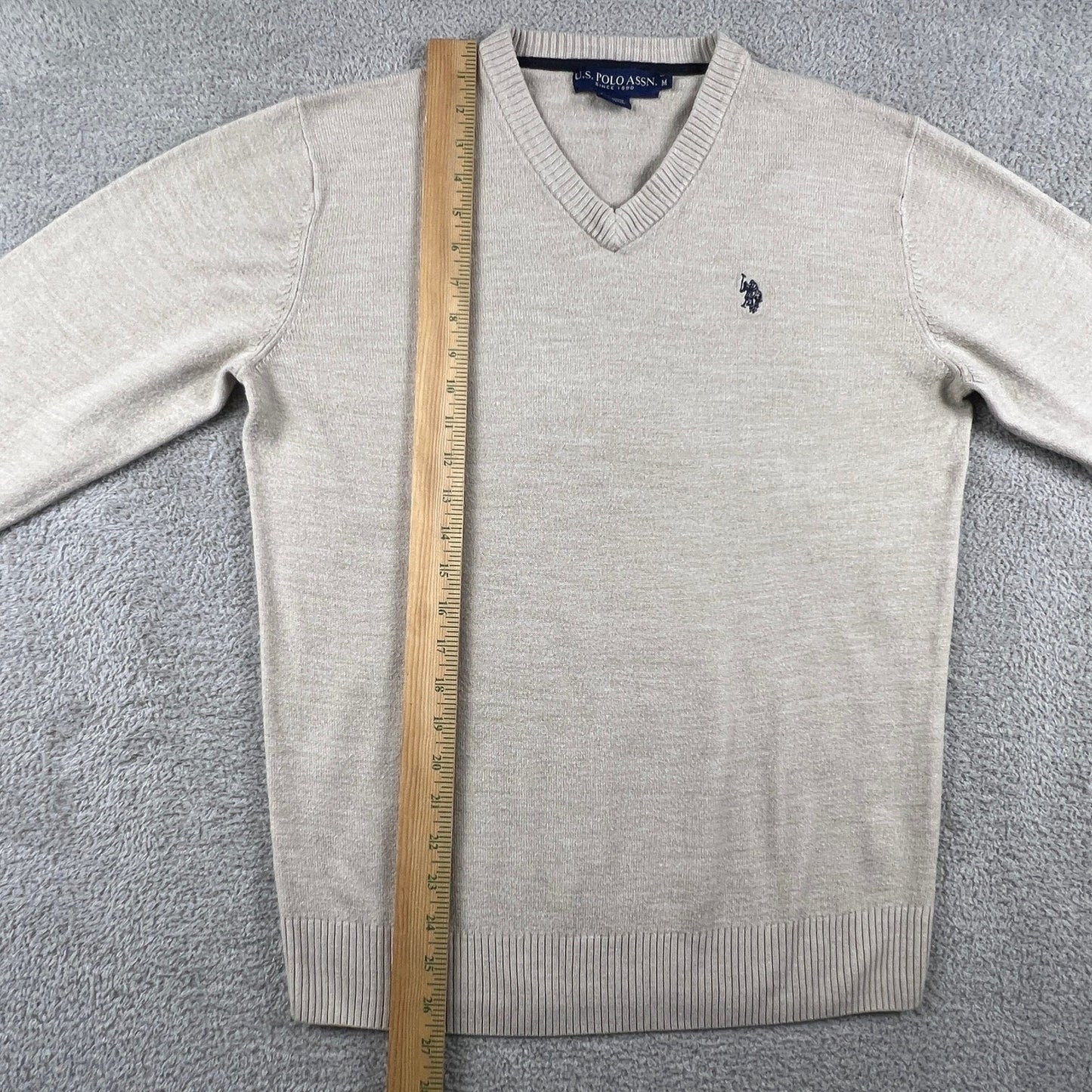 U.S. Polo Assn. V-Neck Sweater Mens Medium Tan Knit Preppy Classic