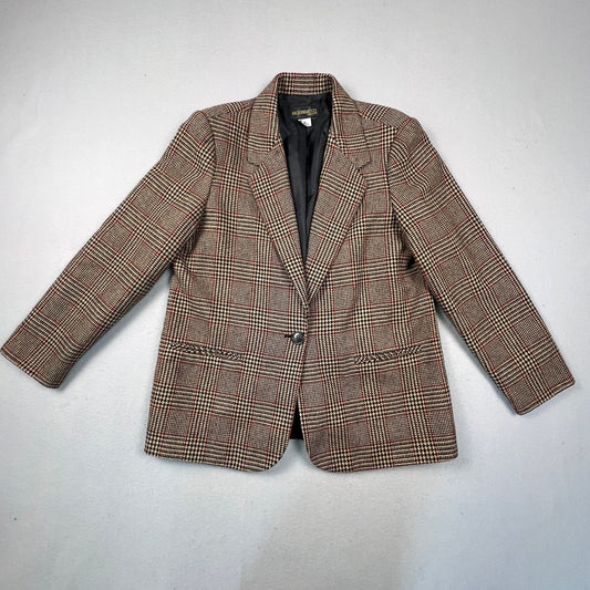 VTG 90s Preppy Dark Academia Blazer Women 14P Glen Plaid Wool Blend Business