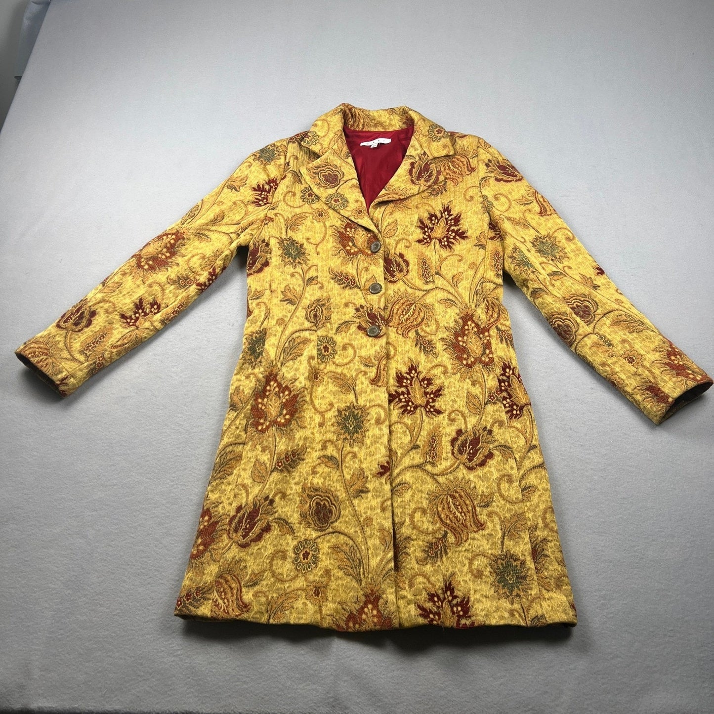 VTG Style Cabi Tapestry Coat Womens 10 Yellow Floral Jacquard Ornate Button