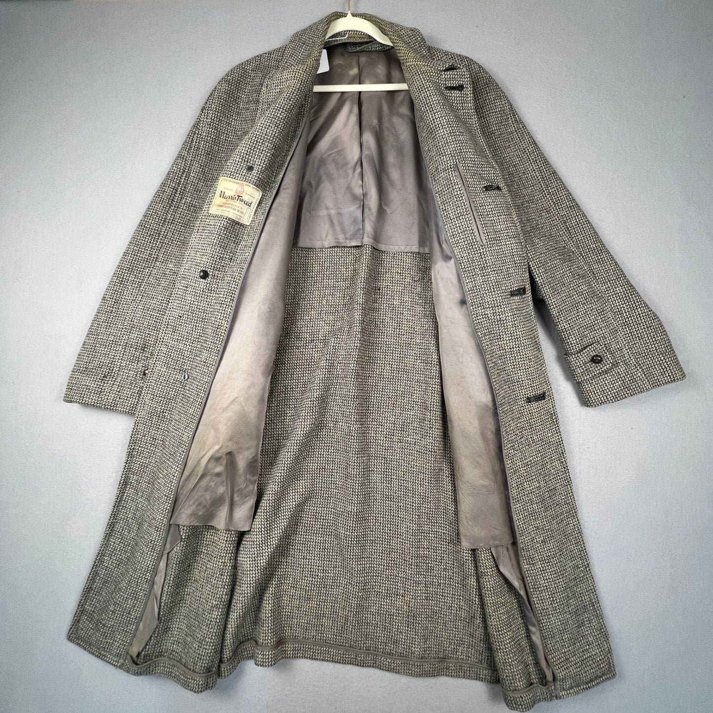 Harris Tweed Overcoat Mens XL Grey Handwoven Pure Scottish Wool Trench Coat VTG