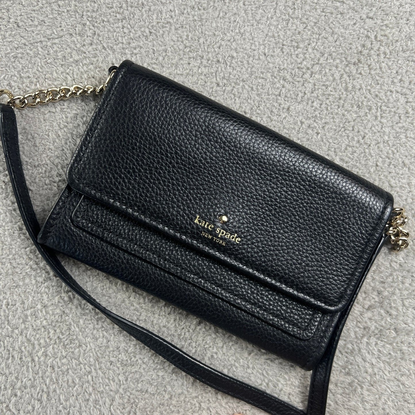 Kate Spade Black Pebbled Leather Crossbody Bag Gold Chain Strap Clutch Wallet