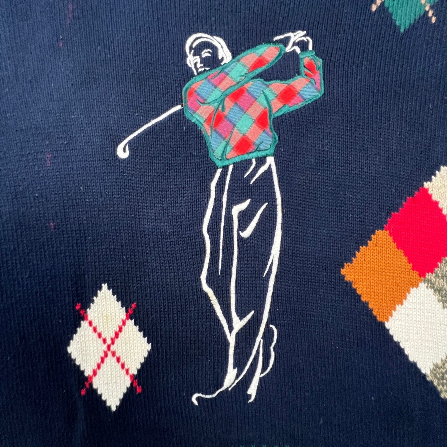 Cotton Traders Golf Sweater Mens Large Navy Blue Argyle Plaid Intarsia Vintage