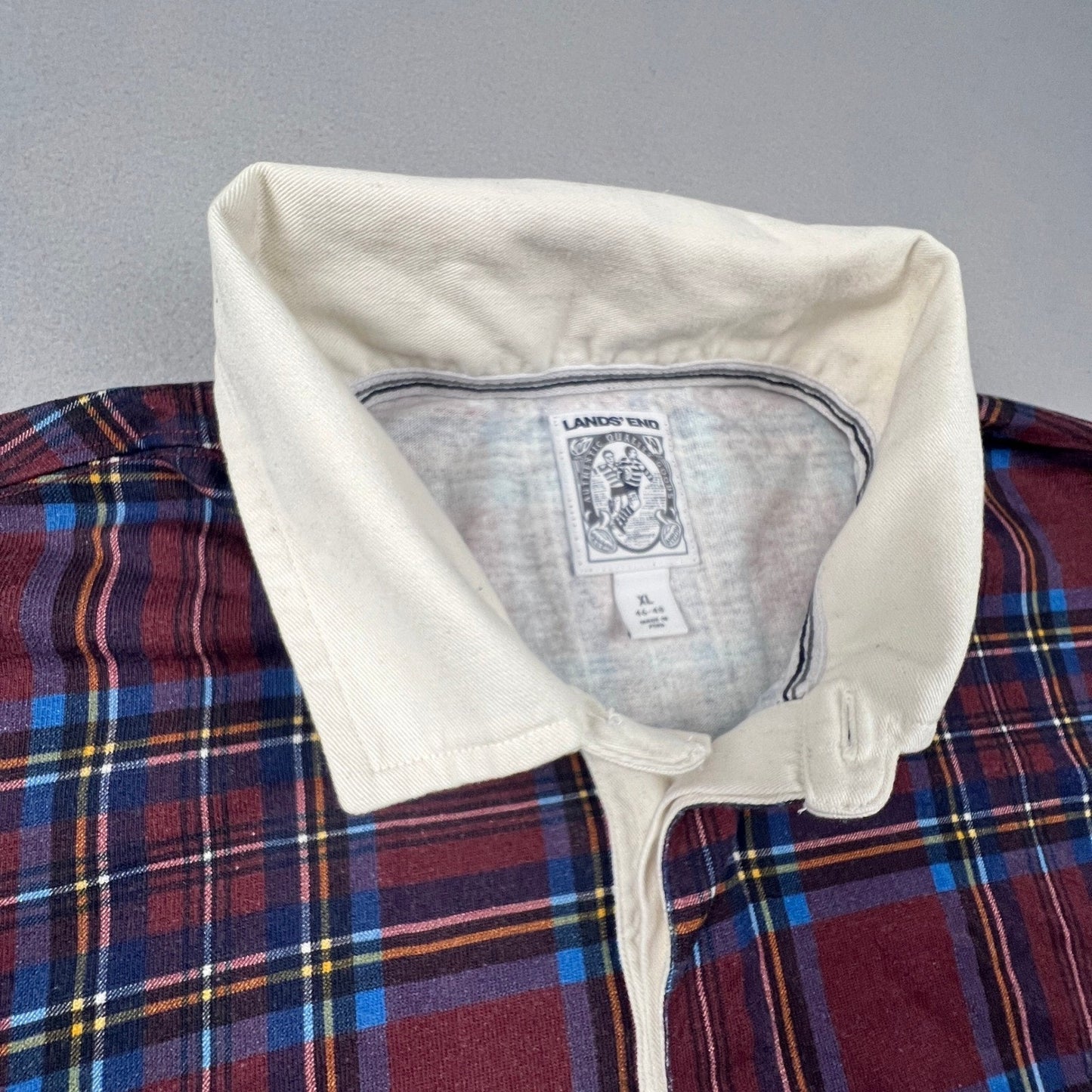 Lands' End Rugby Shirt Mens XL Burgundy Plaid Long Sleeve Cotton Preppy Classic
