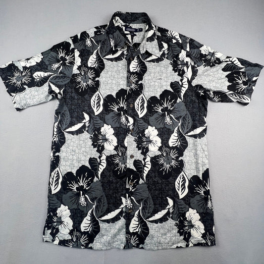 Hawaiian Hibiscus Floral Shirt Mens LT Black White Short Sleeve Tropical Aloha
