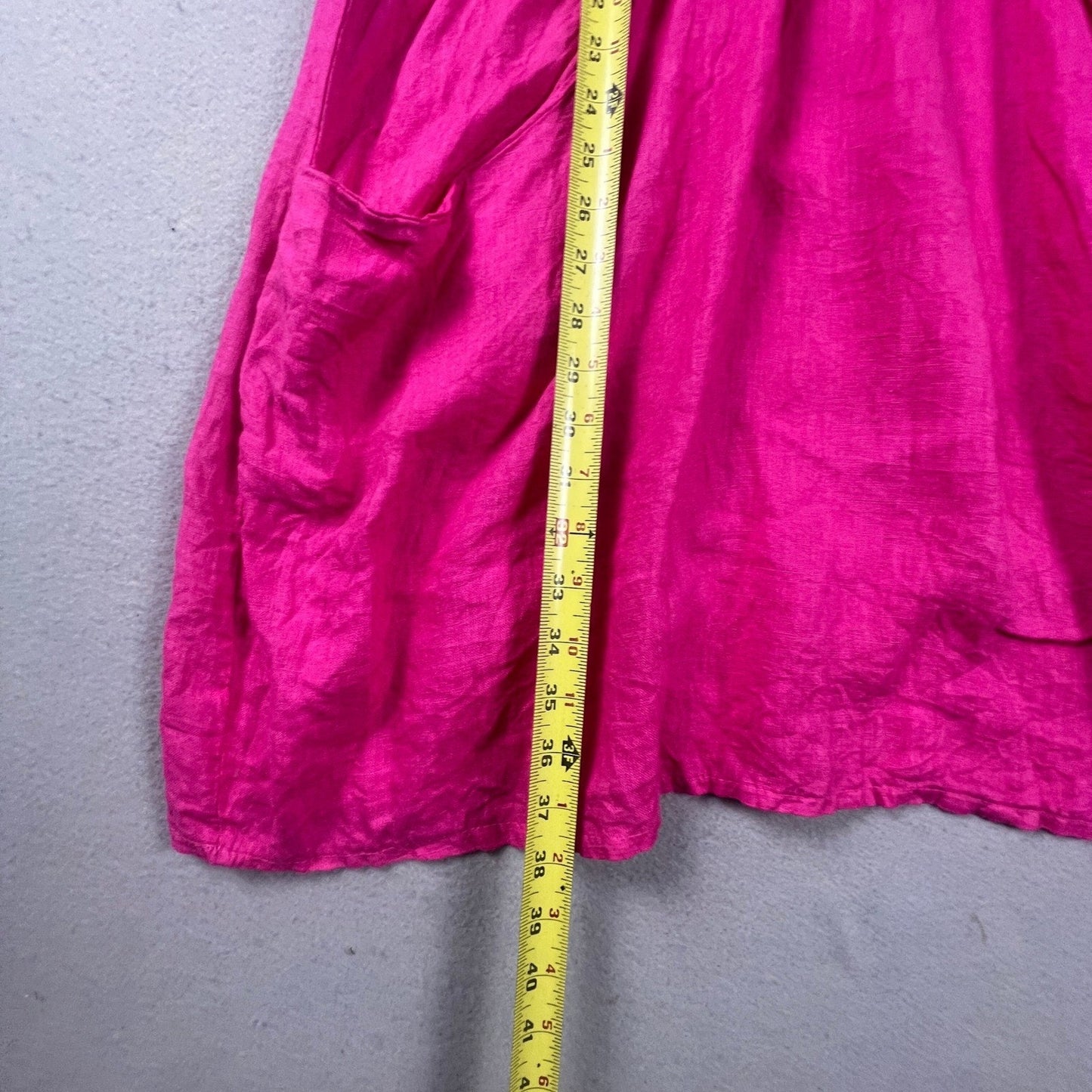 Meo Meli 100% Linen Tunic Dress Womens OS Pink V-Neck Smocked Pockets Italy Boho