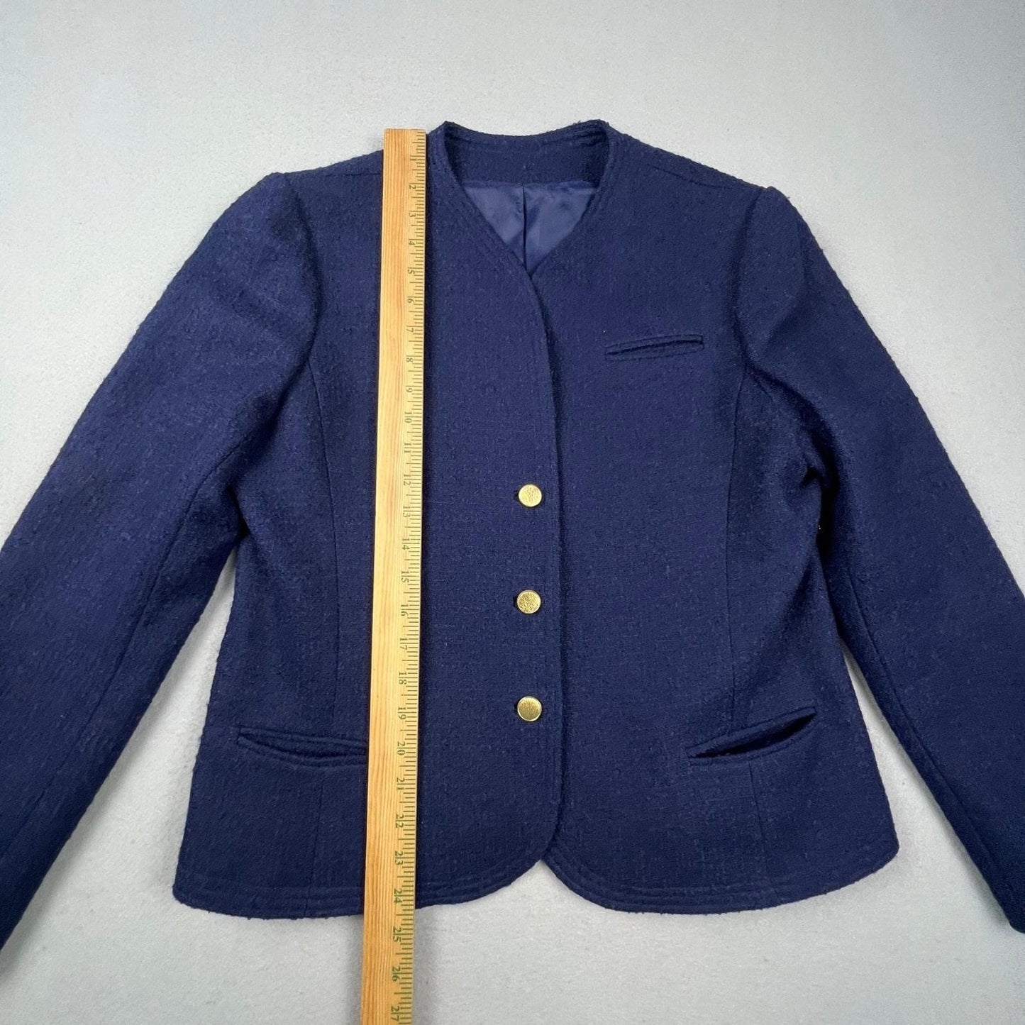 VTG Young Traditions Blazer Women 14 Navy Blue Gold Button Wool Blend Preppy