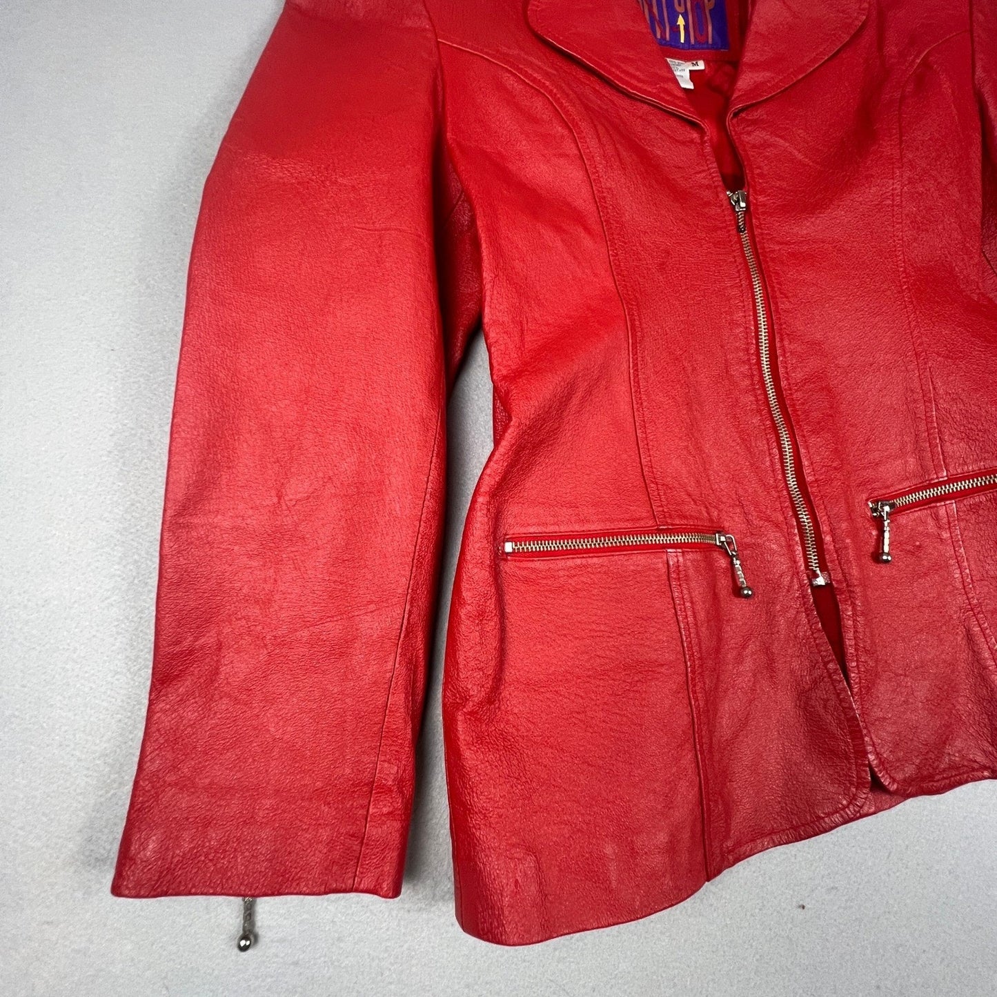 VTG 80s Don't Stop Leather Jacket Women Medium Red Zip Vintage Biker Chic Retro