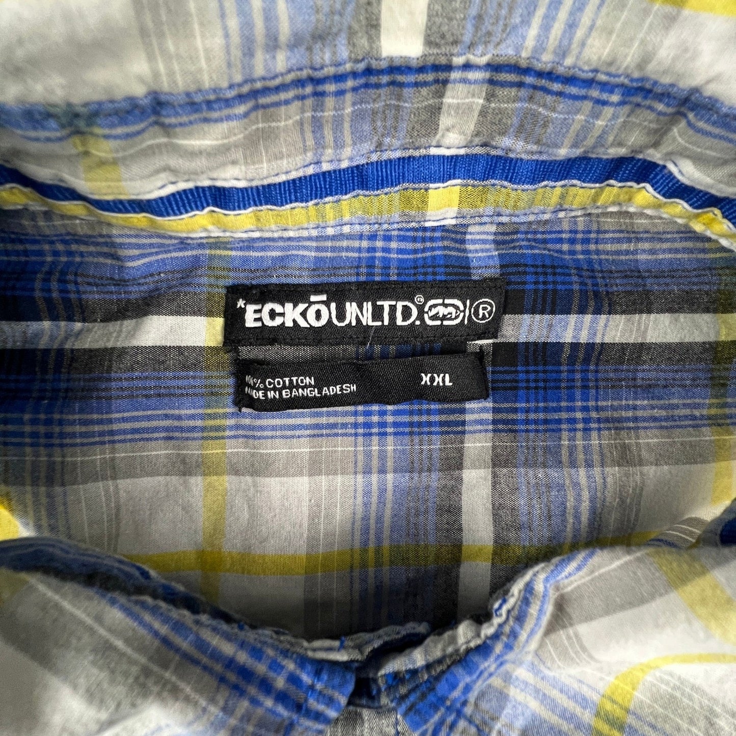 Ecko Unltd Button Down Shirt Mens XXL Blue Yellow Plaid Short Sleeve Urban Y2K
